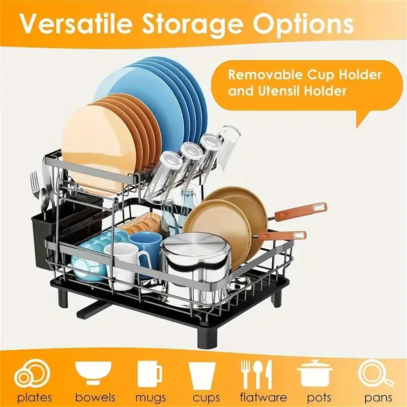 Escurreplatos de hierro de dos niveles que ahorra espacio con soporte para utensilios: organizador de cocina resistente al óxido y fácil de limpiar.