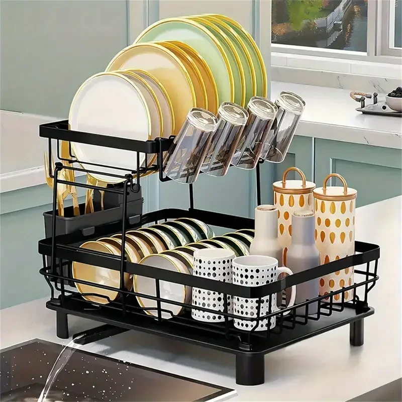 Escurreplatos de hierro de dos niveles que ahorra espacio con soporte para utensilios: organizador de cocina resistente al óxido y fácil de limpiar.