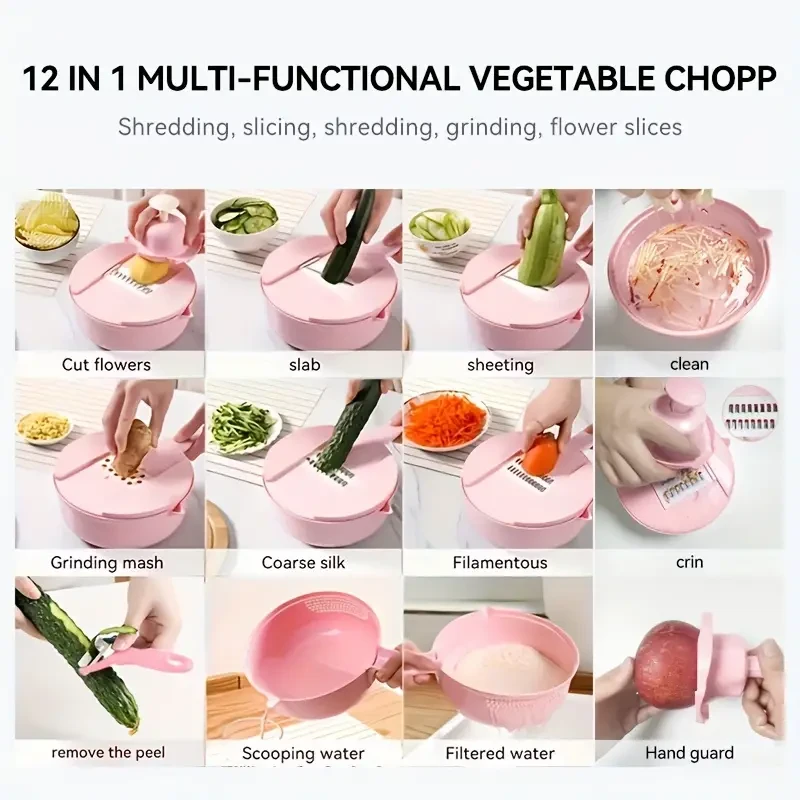 Picadora de verduras multifunción 12 en 1: rebanadora, trituradora y ralladora manual para zanahorias, patatas y rábanos.