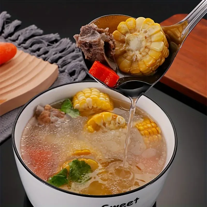 Cuchara separadora de aceite de acero inoxidable 304: cuchara filtrante de mango largo y grueso para ollas calientes, sopas y trampas de grasa.