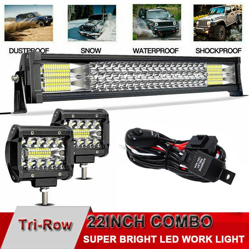 Barra de luces LED de 22" con triple fila de 288 W, haz combinado, luces todoterreno + 2 luces LED de 4" y 60 W con cableado para camiones, ATV, UTV, Jeep, barcos y camionetas.
