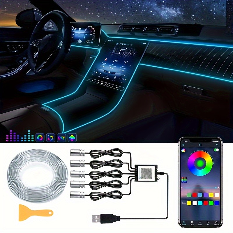 Kit de tiras de luces LED RGB 5 en 1 de 5 V para ambiente de coche: sincronización de música, alimentación por USB, cambio de color, impermeable, flexible y regulable. Accesorios de iluminación interior para vehículos motorizados.