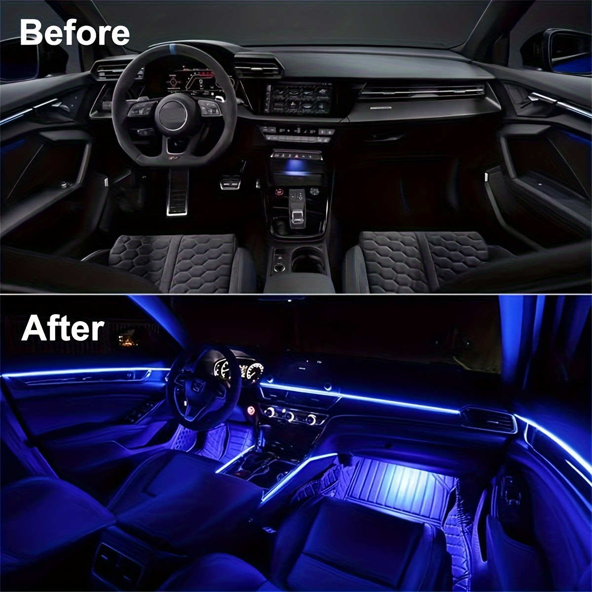 Tira de luces LED para interior de coche de 196 pulgadas, kit de iluminación ambiental LED RGB USB con control por aplicación, fibra óptica y ritmo sincronizado con música para puertas, consola y salpicadero.