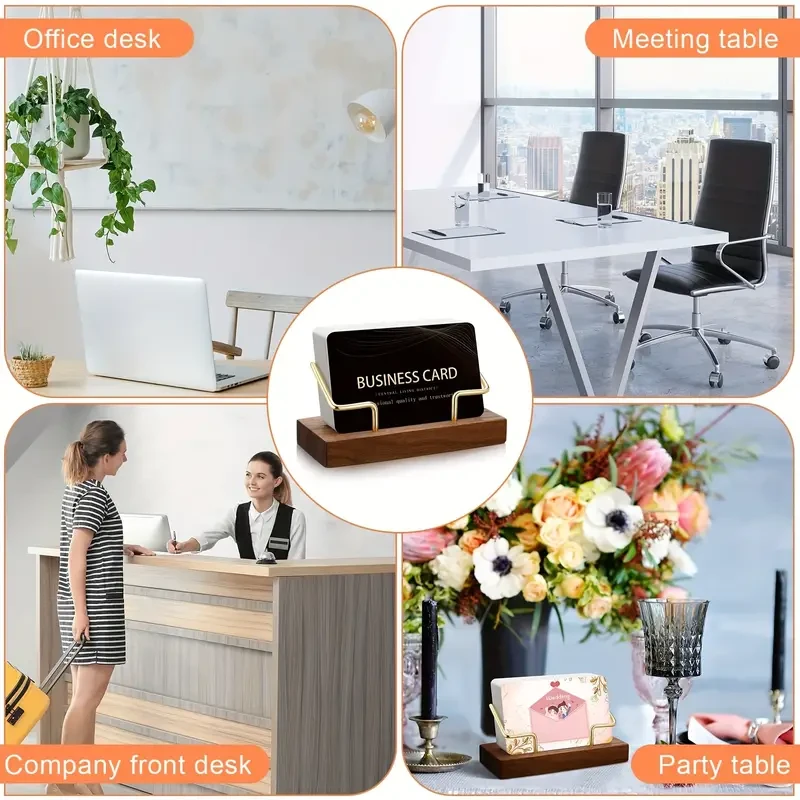 Tarjetero de madera con soporte dorado para tarjetas de visita