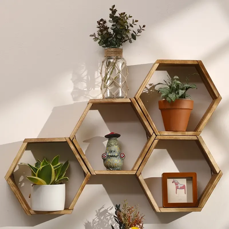 Estantería hexagonal, estantes flotantes de madera de estilo rústico
