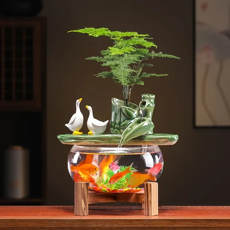 Fuente de mesa de cerámica con fuente de agua USB y soporte de bambú