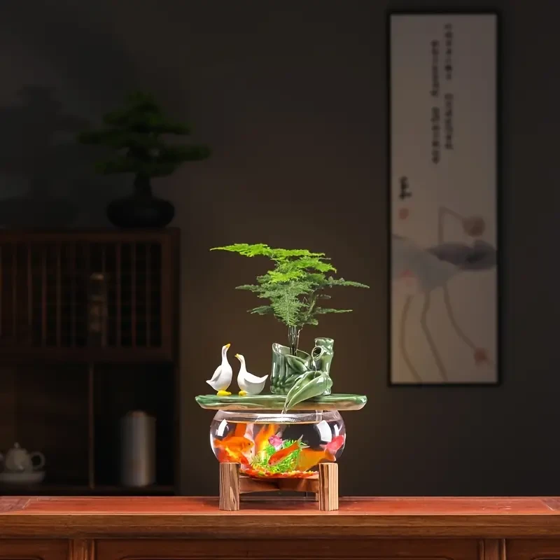 Fuente de mesa de cerámica con fuente de agua USB y soporte de bambú