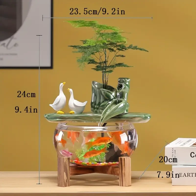 Fuente de mesa de cerámica con fuente de agua USB y soporte de bambú