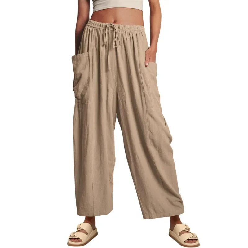 Pantalones anchos de moda de verano, sueltos, elásticos, de cintura alta, plisados.