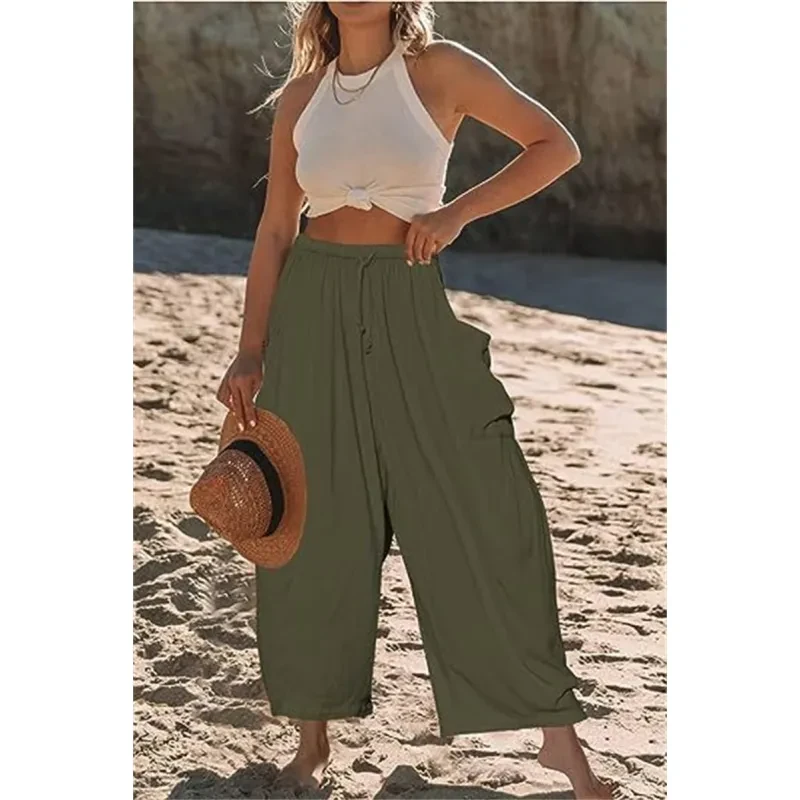 Pantalones anchos de moda de verano, sueltos, elásticos, de cintura alta, plisados.