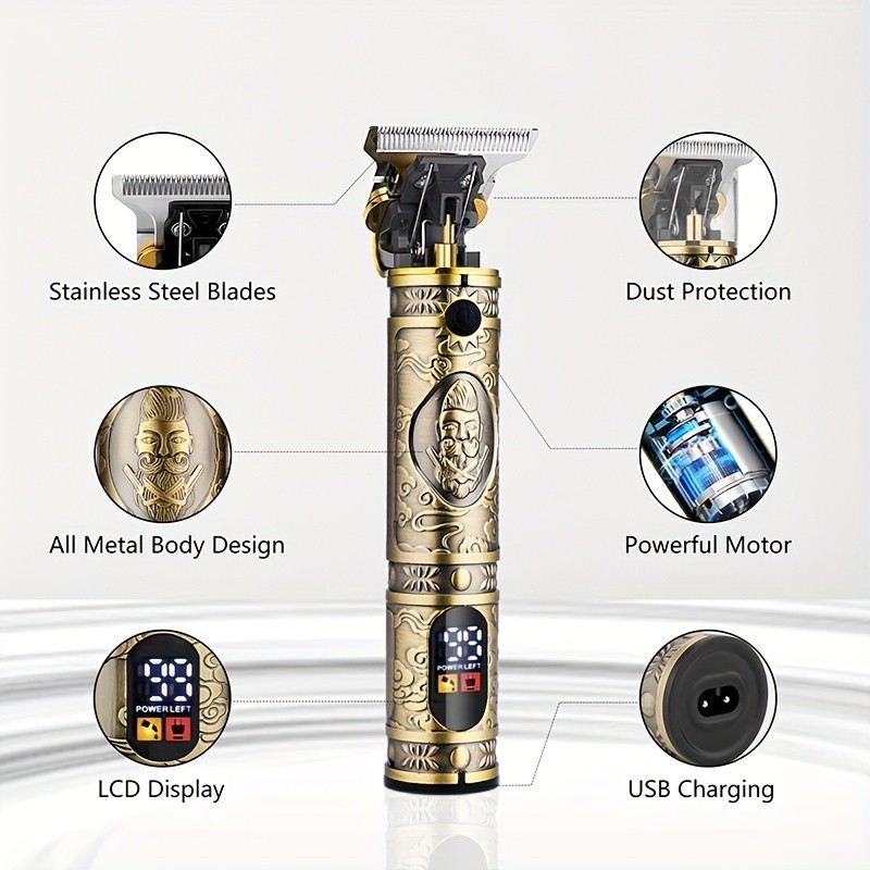 Cortapelos para hombre, recortador de cuchillas en T, recortador de vello nasal, set de afeitado, cortapelos profesional para hombre, cortapelos, afeitadora eléctrica para hombre, pantalla LCD (bronce)