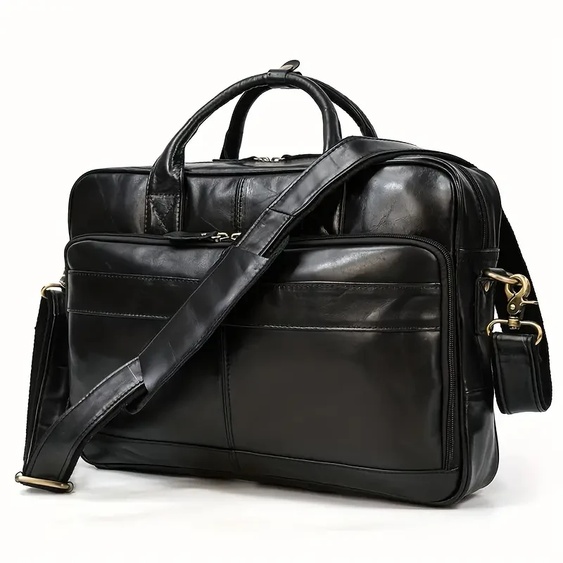 Maletín de piel auténtica de primera calidad: elegante bolso para portátil para profesionales de negocios: duradero, espacioso y con cómoda correa para el hombro.