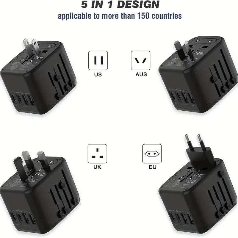 Adaptador de enchufe de viaje universal internacional, 5 en 1