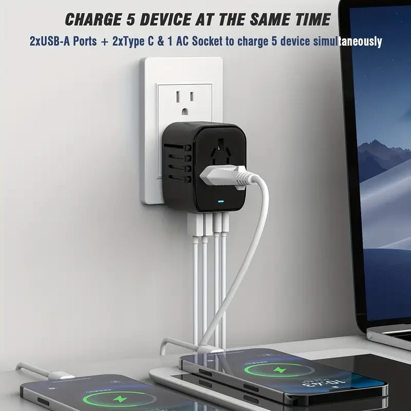 Adaptador de enchufe de viaje universal internacional, 5 en 1