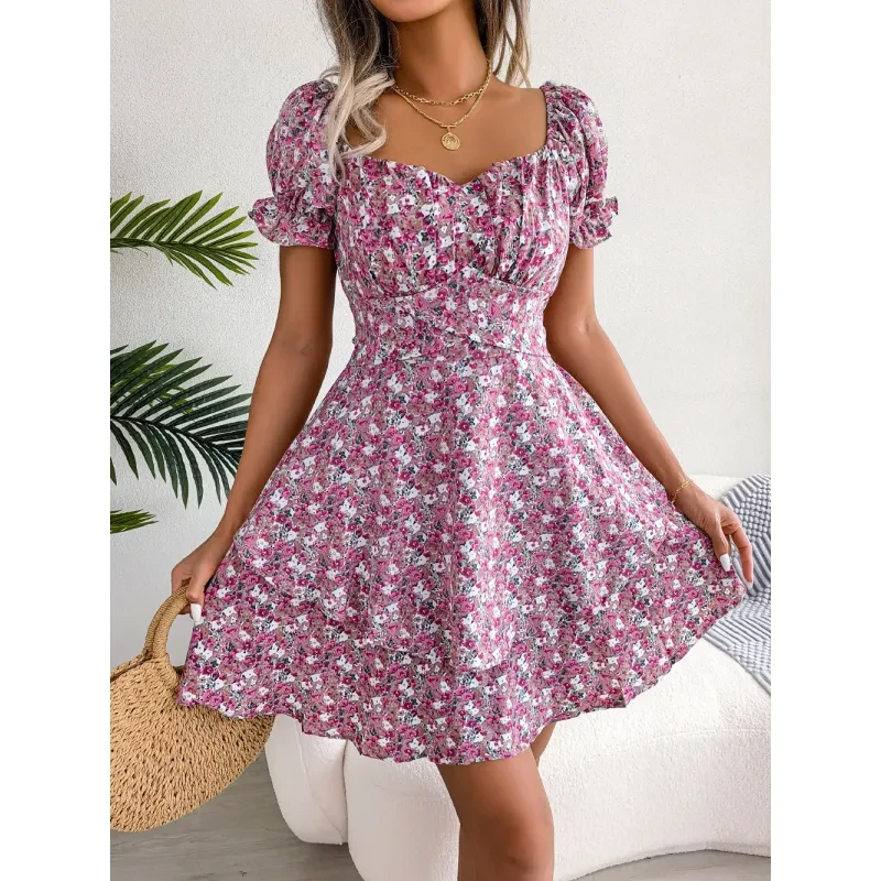 Vestido mini para mujer, temperamento, gran vuelo, dobladillo suelto, estampado floral, fruncido, manga corta, cintura alta, vestido de verano, ropa