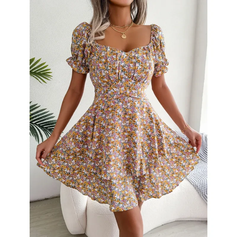 Vestido mini para mujer, temperamento, gran vuelo, dobladillo suelto, estampado floral, fruncido, manga corta, cintura alta, vestido de verano, ropa