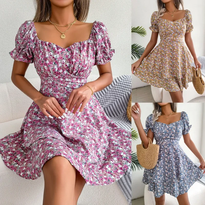 Vestido mini para mujer, temperamento, gran vuelo, dobladillo suelto, estampado floral, fruncido, manga corta, cintura alta, vestido de verano, ropa