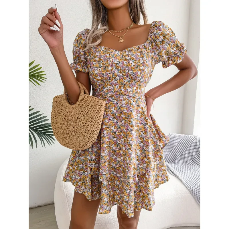 Vestido mini para mujer, temperamento, gran vuelo, dobladillo suelto, estampado floral, fruncido, manga corta, cintura alta, vestido de verano, ropa