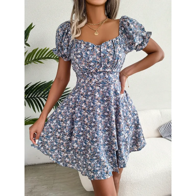Vestido mini para mujer, temperamento, gran vuelo, dobladillo suelto, estampado floral, fruncido, manga corta, cintura alta, vestido de verano, ropa