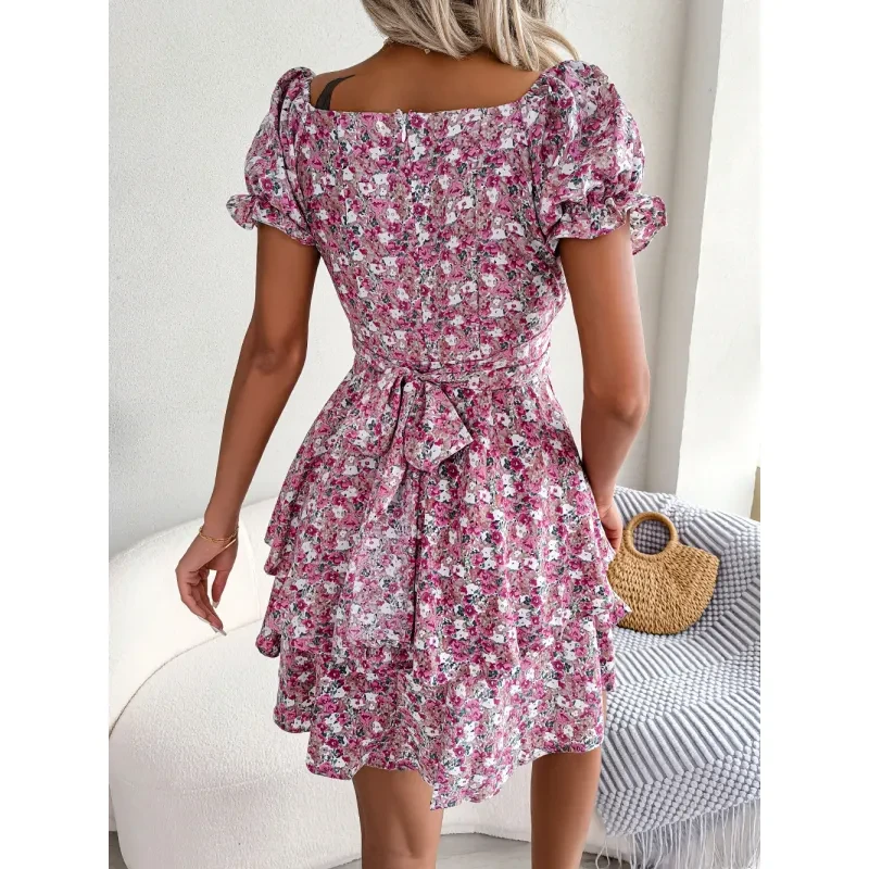 Vestido mini para mujer, temperamento, gran vuelo, dobladillo suelto, estampado floral, fruncido, manga corta, cintura alta, vestido de verano, ropa