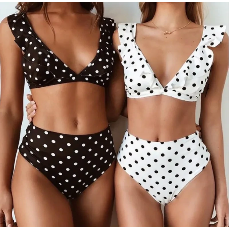 Conjunto de bikini retro de lunares y cintura alta