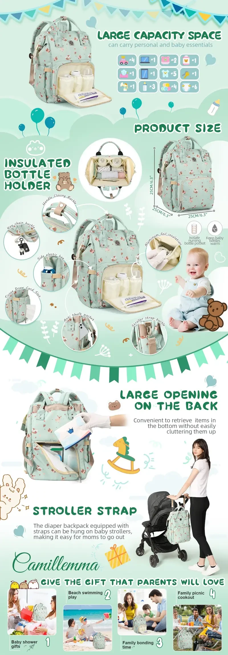 Mochila multifunción para bebé de gran capacidad con bolsillos aislantes, elegante y ligera, ideal para maternidad.