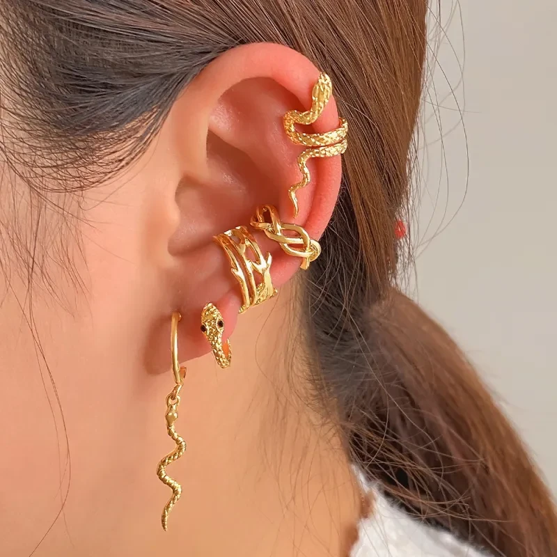 Pendientes de clip de serpiente con forma de animal, chapados en oro estilo punk, sin piercing, para mujer, piercing falso, joyería de moda.