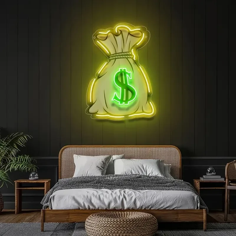 Decoración de pared para letrero de neón con forma de bolsa de dinero