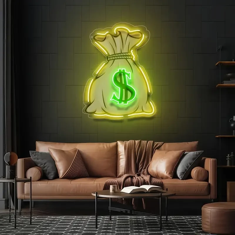 Decoración de pared para letrero de neón con forma de bolsa de dinero