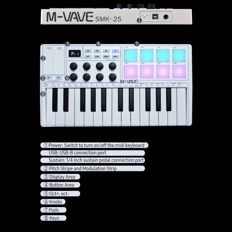 Teclado MIDI de 25 teclas, miniteclado USB portátil, controlador MIDI con 25 teclas sensibles a la velocidad, 8 pads retroiluminados RGB, 8 perillas Eid Al-Adha Mubarak