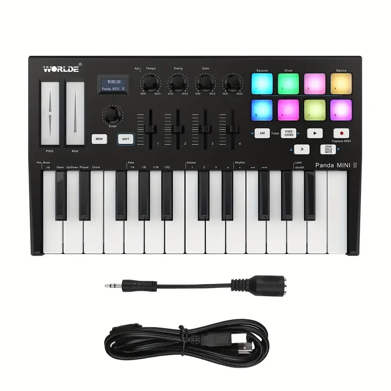 Controlador MIDI Mooer Panda Mini II de 25 teclas, optimizado, con pads de disparo con retroiluminación RGB y pantalla OLED para control de tono, octava y velocidad en tiempo real. Alimentación por USB.