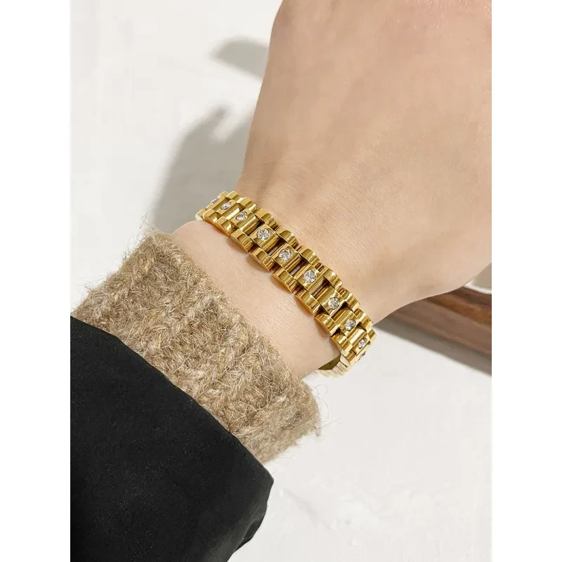 Cadena de reloj de acero y titanio con diamantes blancos, pulsera de oro de 18 quilates resistente a la decoloración