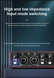 Tarjeta de sonido con interfaz de audio de 2 canales y pantalla, diseñada para mezcladores profesionales de estudio de grabación para guitarra eléctrica en sitio. Ofrece grabación de alta resolución de 24 bits/196 kHz para música. Interfaz XLR con aliment