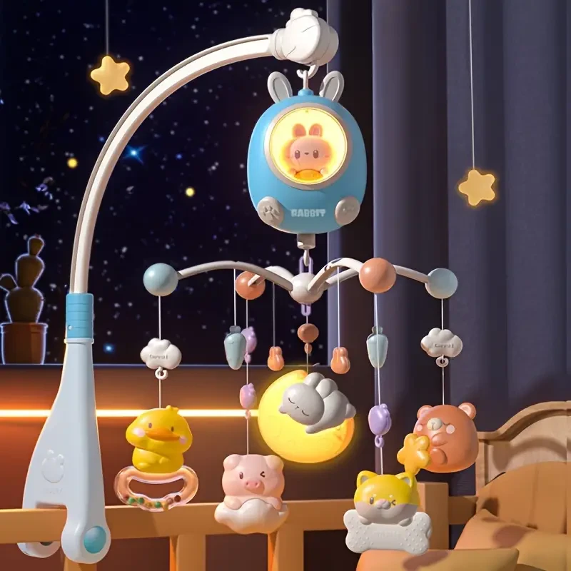 Juego de bonitas campanas de cama con forma de conejo, con música y colgantes para la dentición, ideales para recién nacidos.