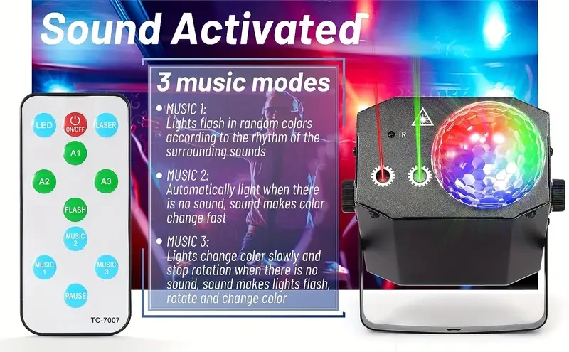 Luces de fiesta, luces de bola de discoteca, cuerpo de metal completo, control de sonido, luces de discoteca para DJ, luces LED de escenario, luces estroboscópicas con control remoto para fiestas, cumpleaños, regalos, bares, clubes, Navidad, Halloween, bo