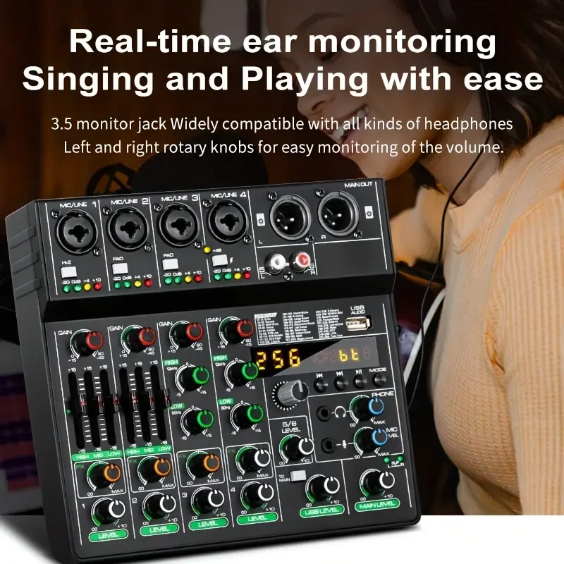 Mezclador de audio USB profesional de 6 canales con efecto de reverberación de 256 canales y fuente de alimentación de 48 V para llevar tu experiencia musical al siguiente nivel.