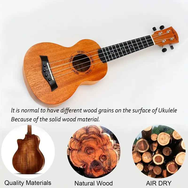 Ukelele de madera de durazno de 21 pulgadas de alta calidad, color madera natural, con diseño arqueado para una mejor resonancia. Regalo perfecto para principiantes adultos y para tocar al estilo hawaiano. Ideal como regalo de Navidad o cumpleaños. Eid al