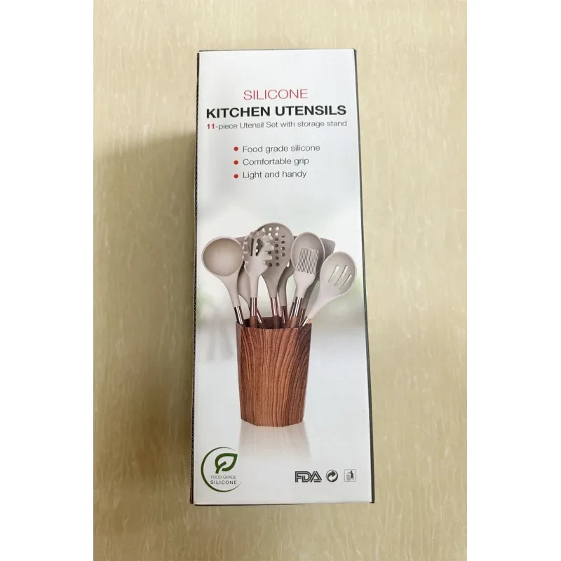 Juego de utensilios de cocina de silicona de 11 piezas con mango de madera chapado en oro y antiadherente