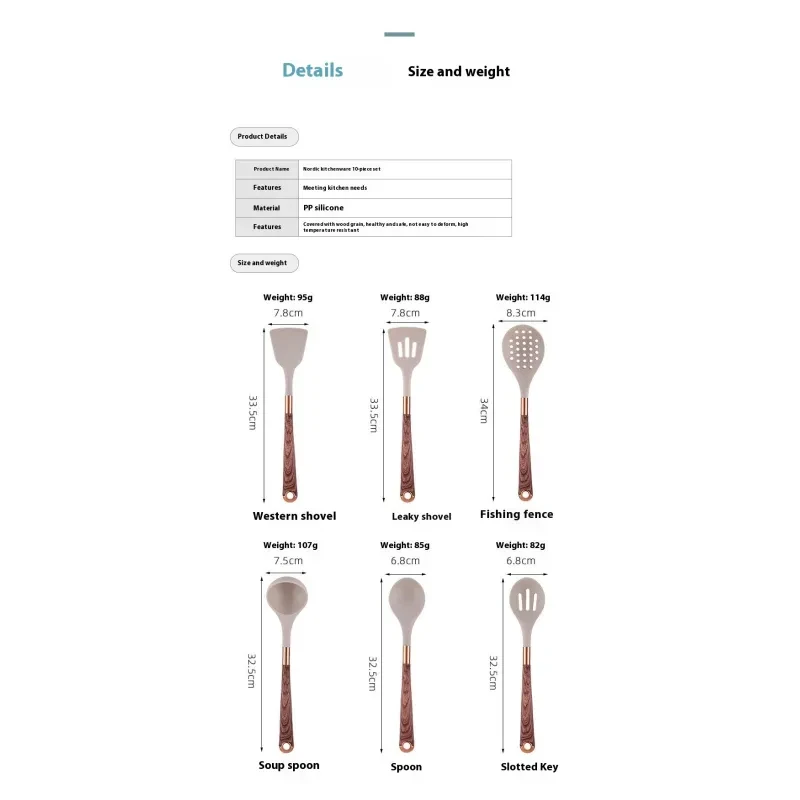 Juego de utensilios de cocina de silicona de 11 piezas con mango de madera chapado en oro y antiadherente