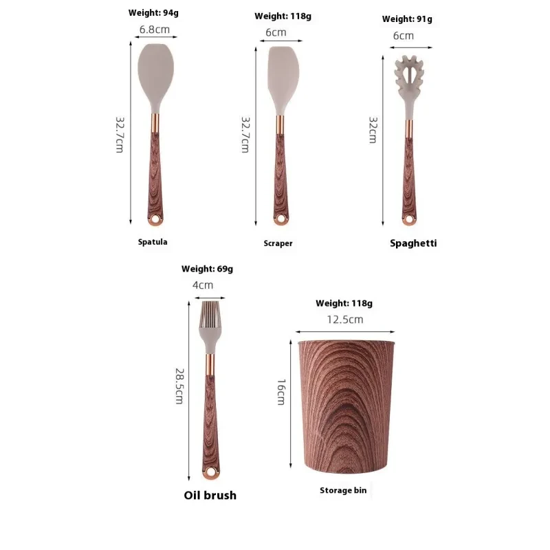Juego de utensilios de cocina de silicona de 11 piezas con mango de madera chapado en oro y antiadherente