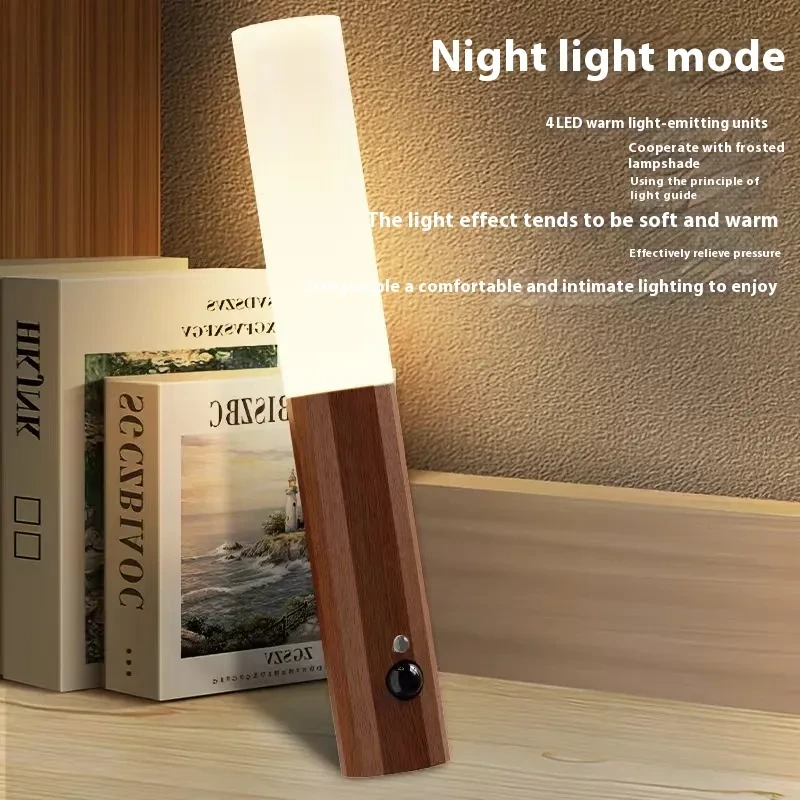 Lámpara de pared magnética LED con diseño de madera y sensor de movimiento, luz nocturna USB