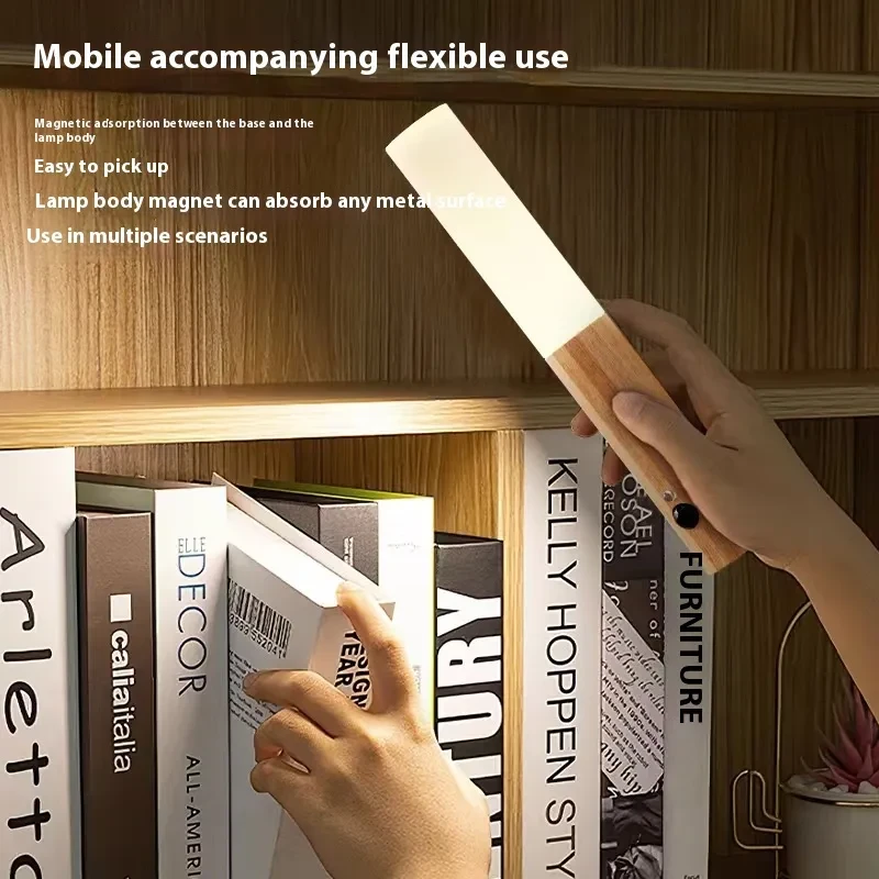 Lámpara de pared magnética LED con diseño de madera y sensor de movimiento, luz nocturna USB