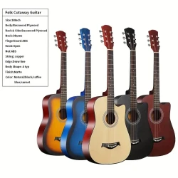 Kit de guitarra acústica para principiantes de 96,52 cm, panel de tilo con acabado mate, 18 trastes, cejuela de ABS, incluye funda, púas, cuerdas y correa.