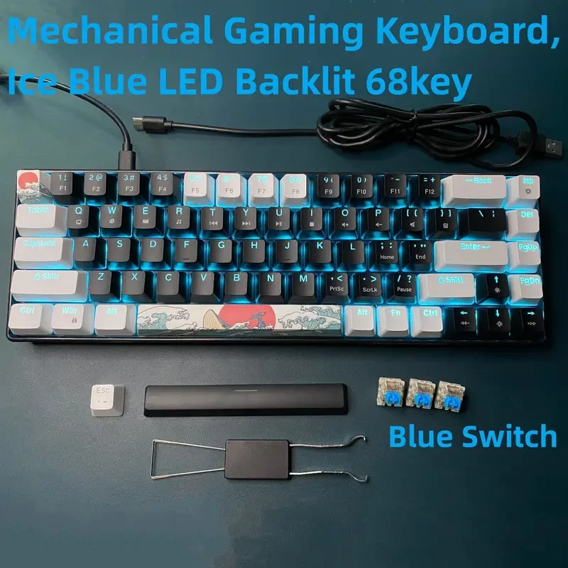 Teclado mecánico para juegos, compacto, retroiluminado con LED azul hielo