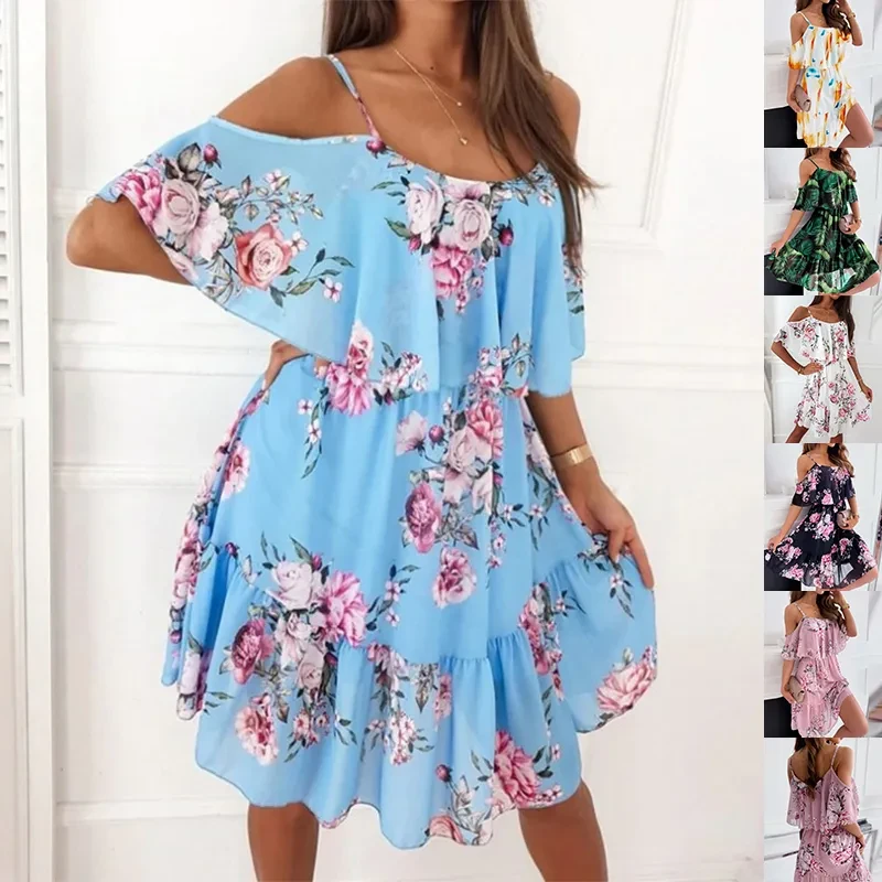 Vestido de tirantes con volantes y estampado de flores para mujer