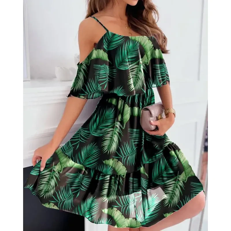 Vestido de tirantes con volantes y estampado de flores para mujer