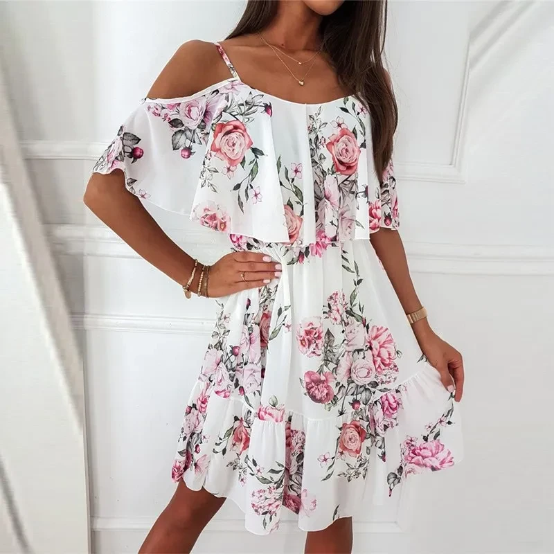 Vestido de tirantes con volantes y estampado de flores para mujer