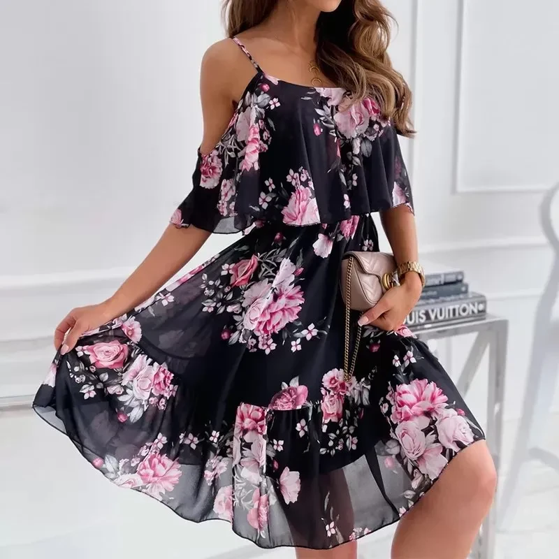 Vestido de tirantes con volantes y estampado de flores para mujer