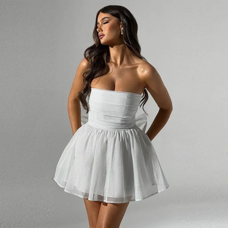 Vestido de encaje con top de tubo y lazo en la espalda, moda de verano, temperamento, costura de malla, falda corta con cuello descubierto
