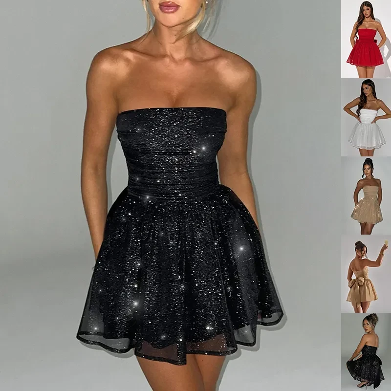 Vestido de encaje con top de tubo y lazo en la espalda, moda de verano, temperamento, costura de malla, falda corta con cuello descubierto
